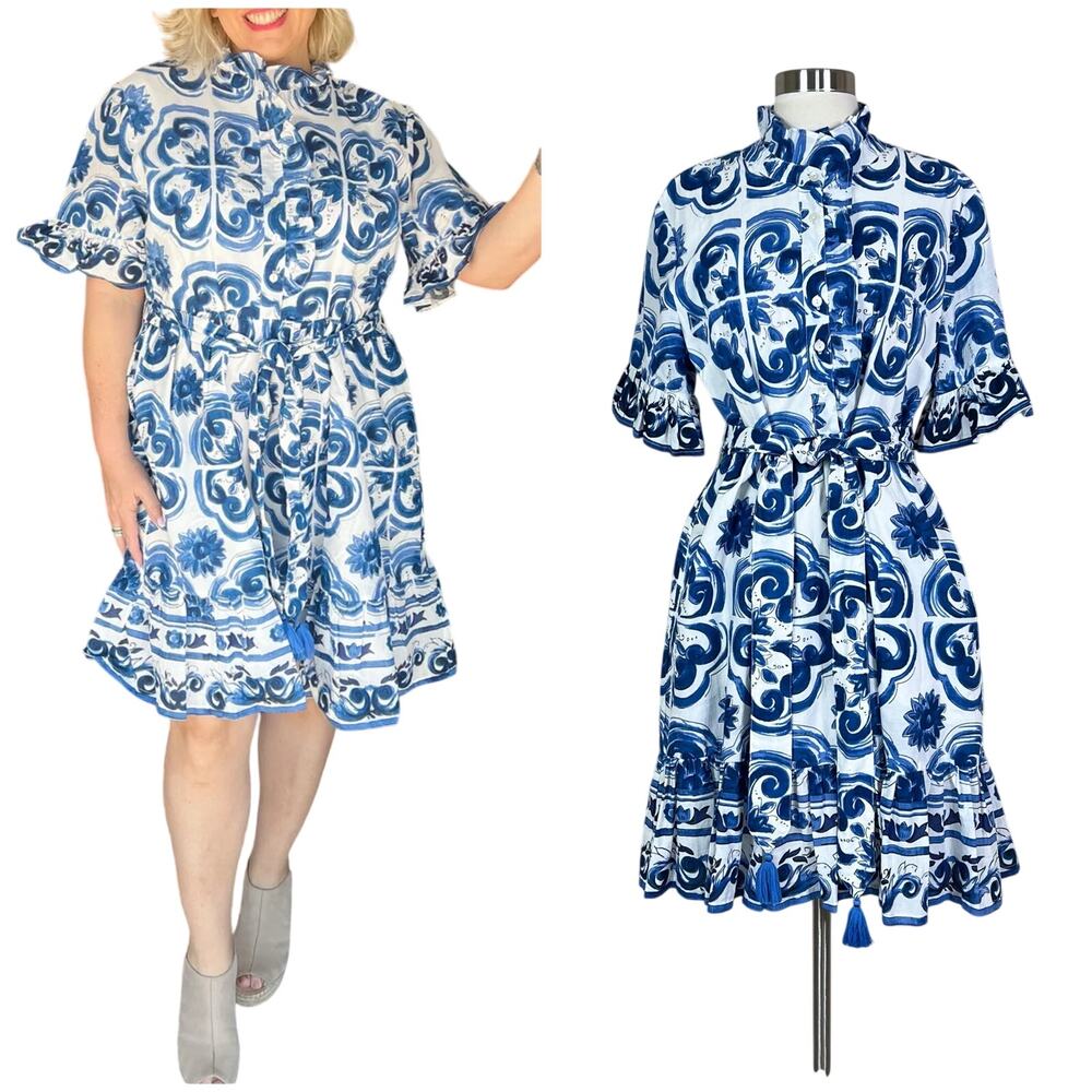 Uncle Frank | Tile Print Blue White Ruffle Collar Belted Cotton Dress Medium M
